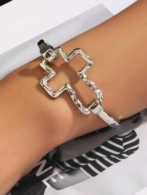 Silver Tone Open Cross Cuff Bracelet New!